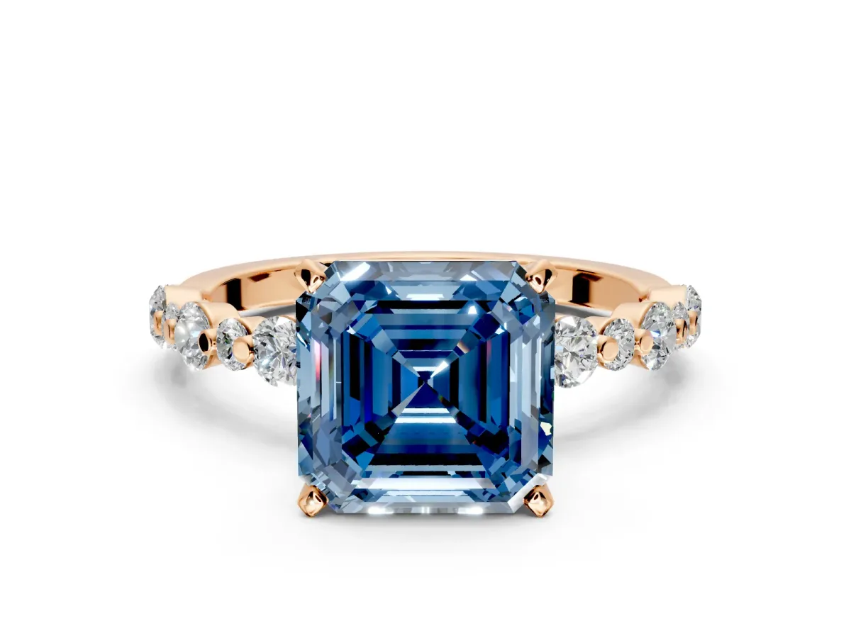 Solitaire Engagement Ring Setting for Fancy Blue Asscher Cut Center with Alternating Size Accents and Prong Head in Rose Gold