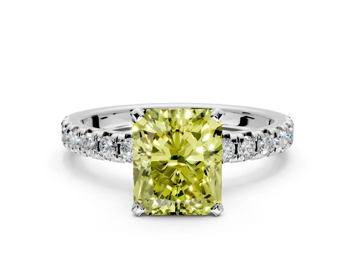 Solitaire Engagement Ring Setting for Fancy Yellow Radiant Cut Center with Large Accents and Prong Head in Sterling Silver