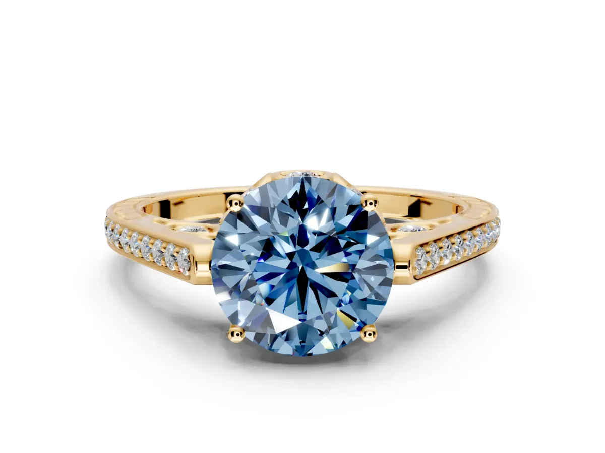 Cathedral Engagement Ring Setting for Fancy Blue Round Cut Center with Antique-Style Pave Band and Prong Head in Yellow Gold