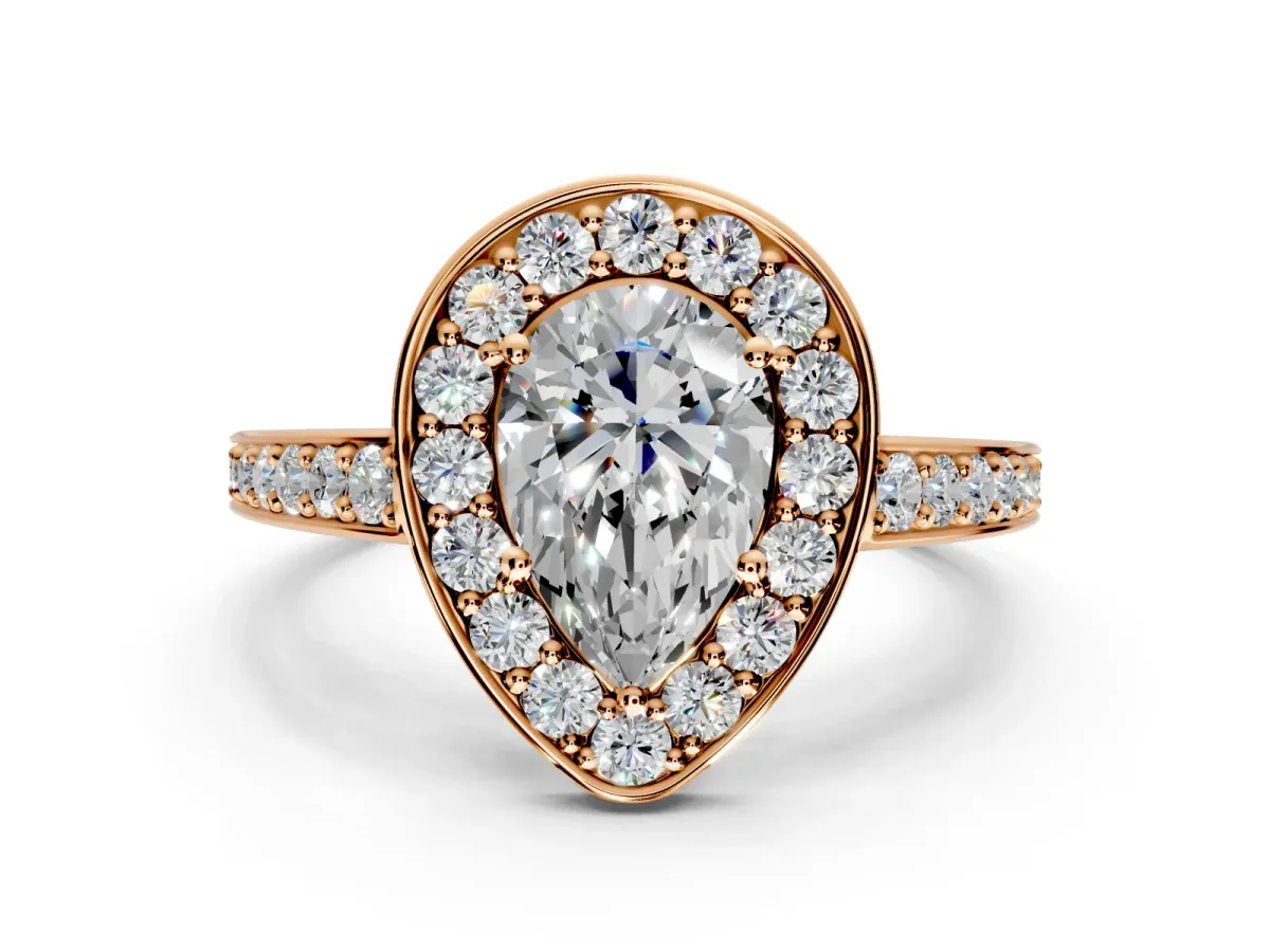 Bezel-Framed Halo Engagement Ring Setting for Pear-Shaped Center with Pave Band and Prong Head in Rose Gold