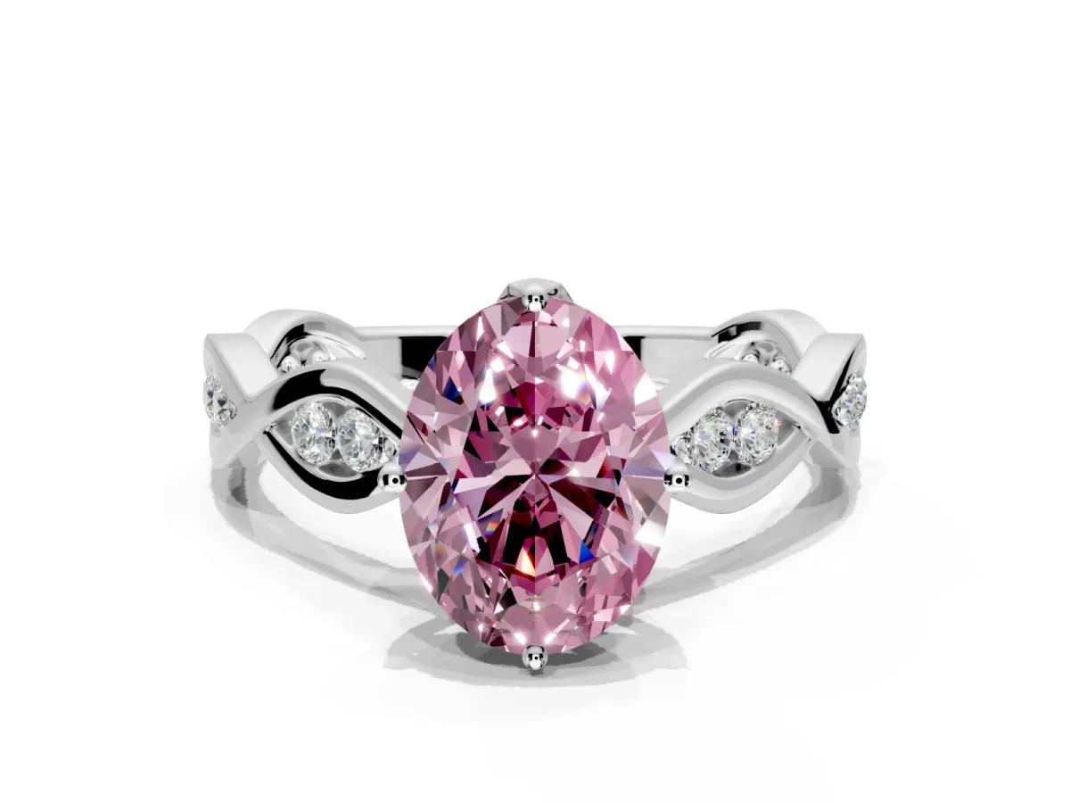 Solitaire Engagement Ring Setting for Fancy Pink Oval Center with Accented Twist Band and Leaf Prong Head in Sterling Silver