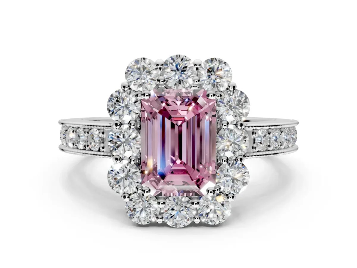 Halo Engagement Ring Setting for Fancy Pink Emerald Cut Center with Milgrain Channel Band and Prong Head in White Gold