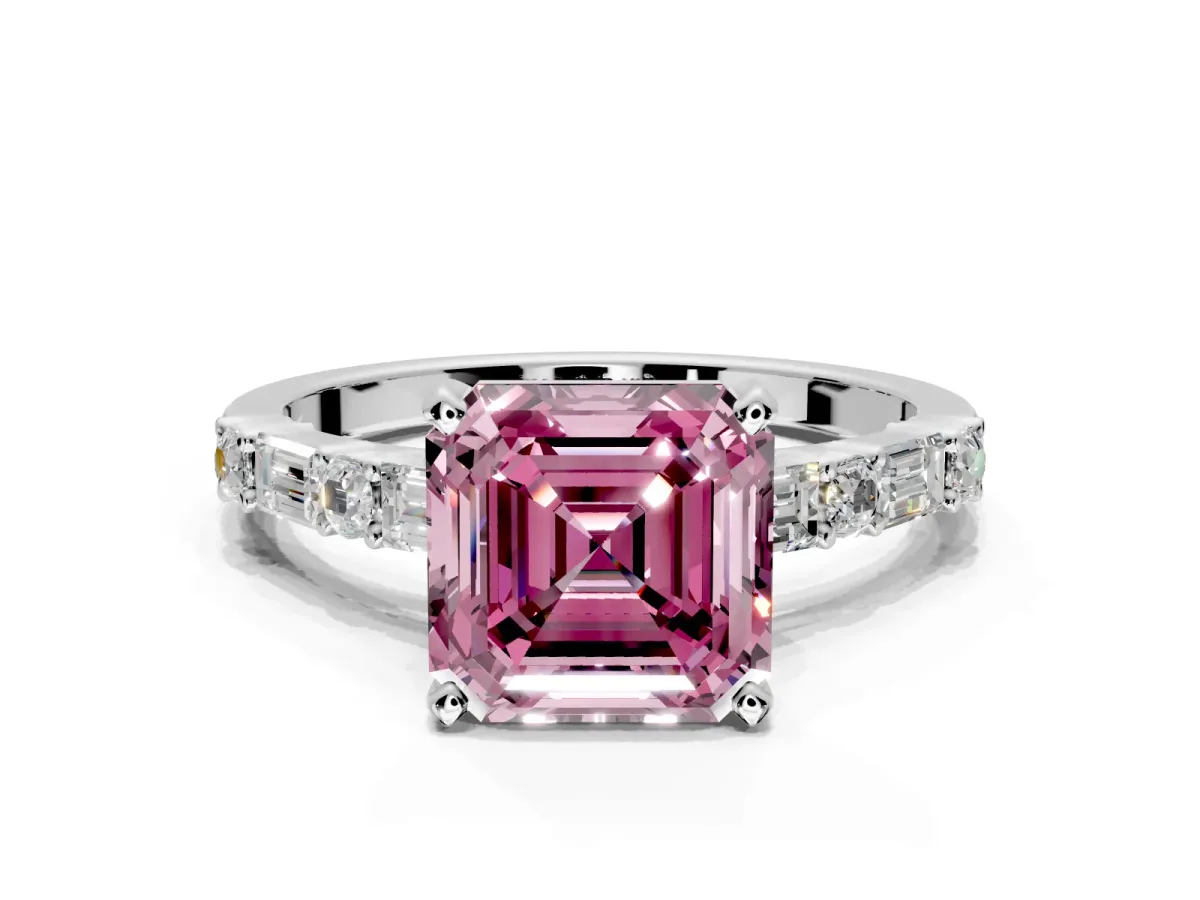 Baguette Engagement Ring Setting for Fancy Pink Asscher Cut Center with Alternating Bar-Set Band and Prong Head in Platinum