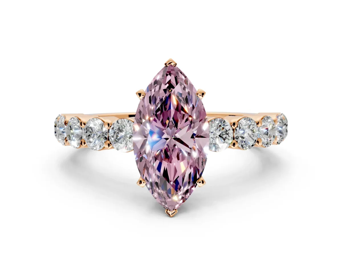 Shared-Prong Engagement Ring Setting for Fancy Pink Marquise Center with Graduated Accents and Prong Head in Rose Gold