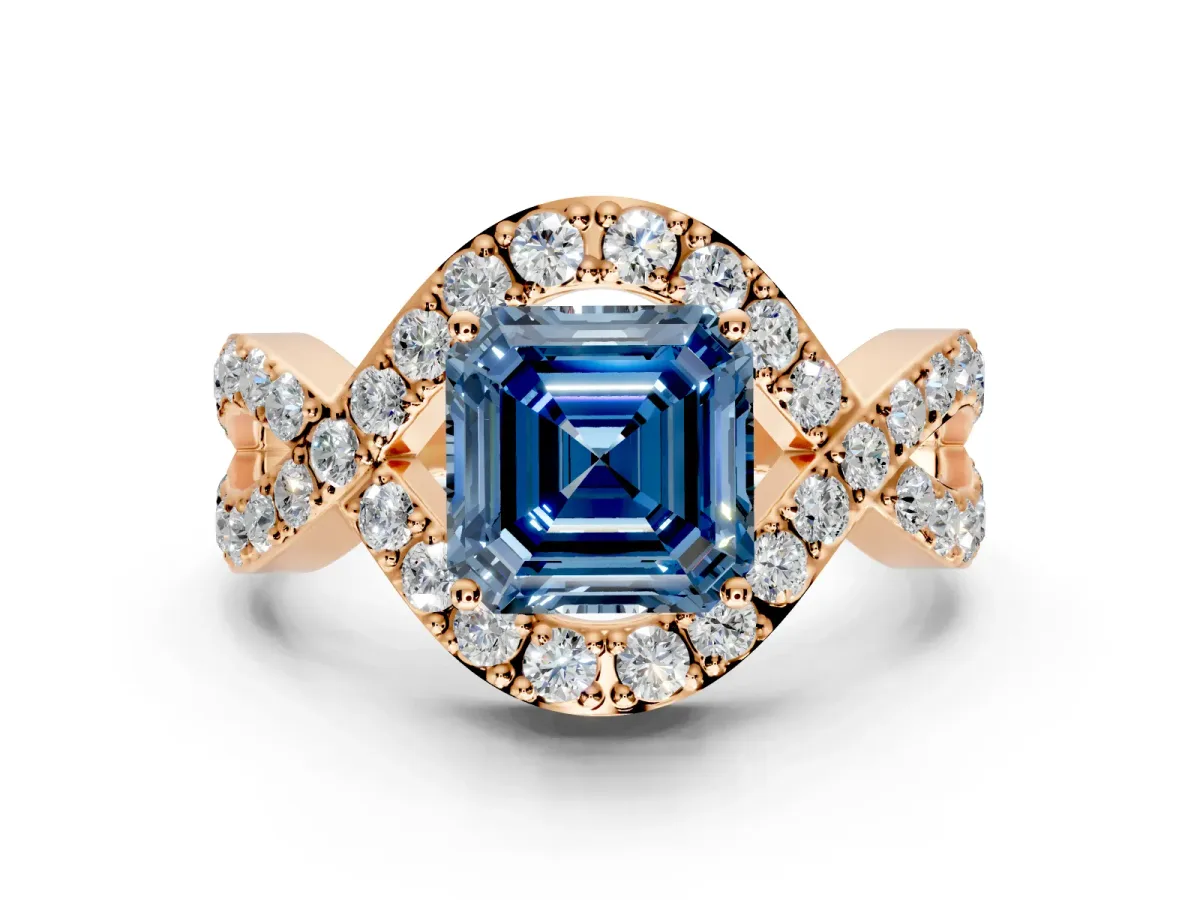 Halo Engagement Ring Setting for Fancy Blue Asscher Cut Center with Pave Infinity Twist Band and Prong Head in Rose Gold
