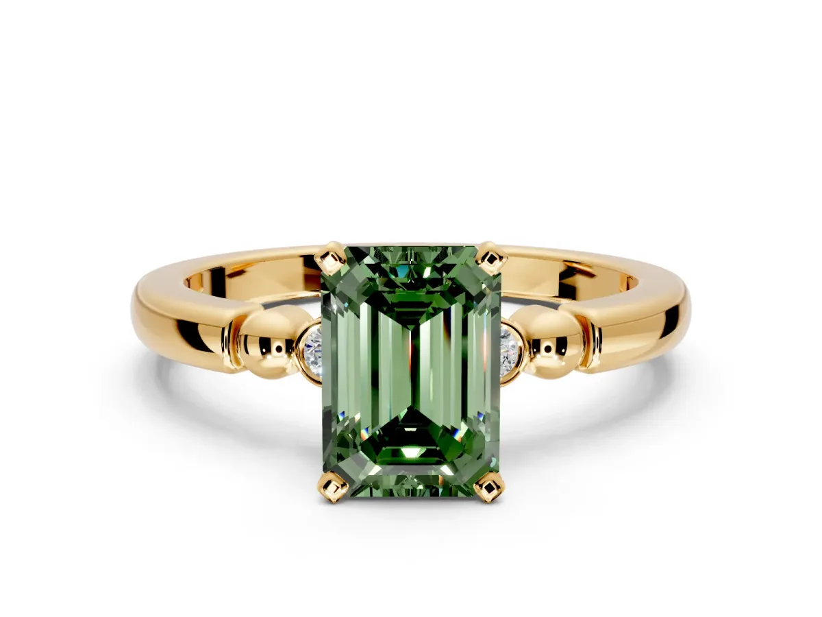 Solitaire Engagement Ring Setting for Fancy Green Emerald Cut Center with Beaded Shoulders and Prong Head in Yellow Gold