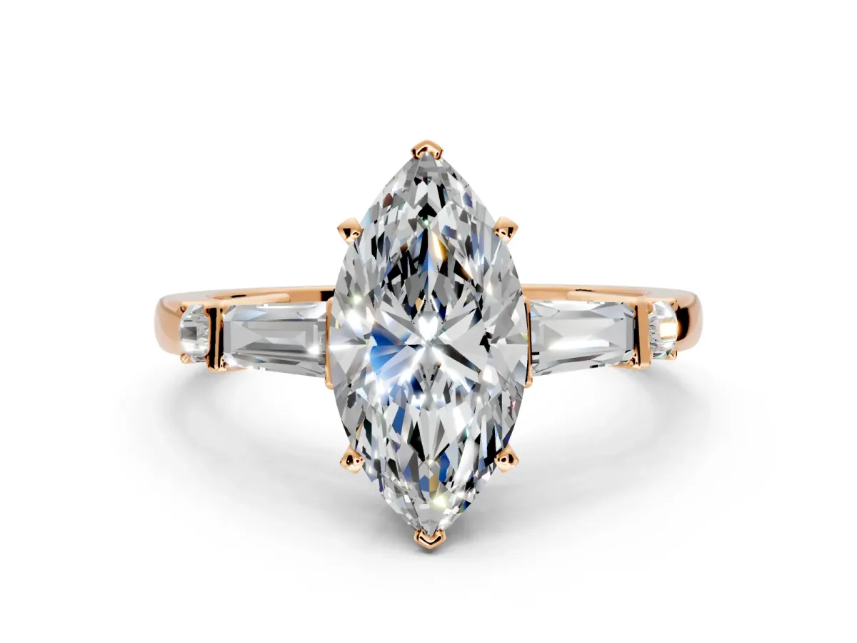 Bar-Set Engagement Ring Setting for Marquise Center with Tapered Baguette Accents and Prong Head in Rose Gold