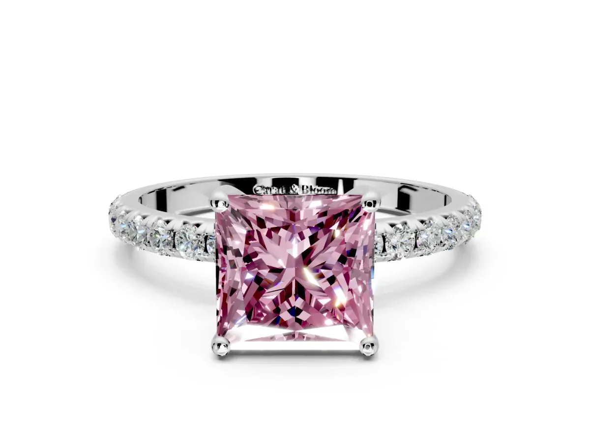 Solitaire Engagement Ring Setting for Fancy Pink Princess Cut Center with Micro Pave Band and Prong Head in Sterling Silver