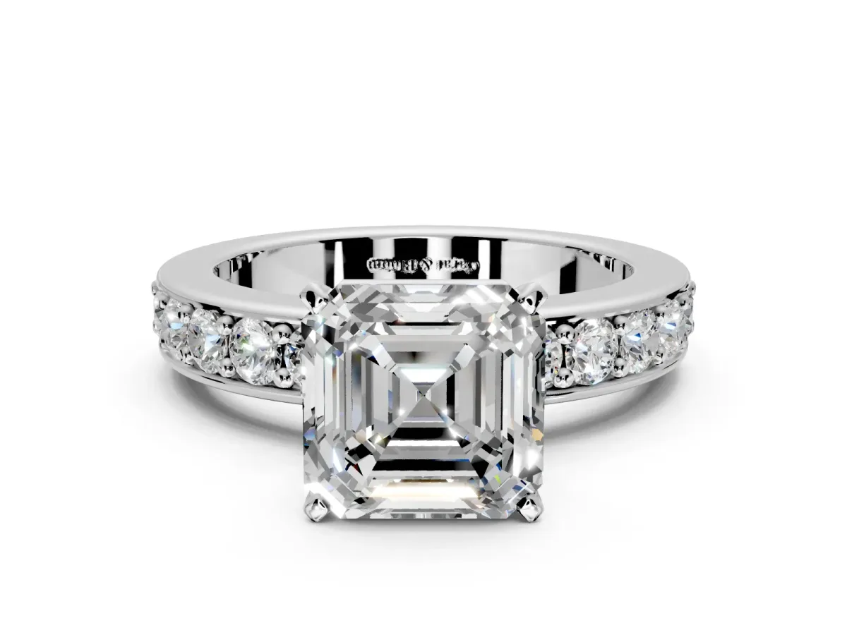 Solitaire Engagement Ring Setting for Asscher Cut Center with Channel-Set Accents and Prong Head in Platinum