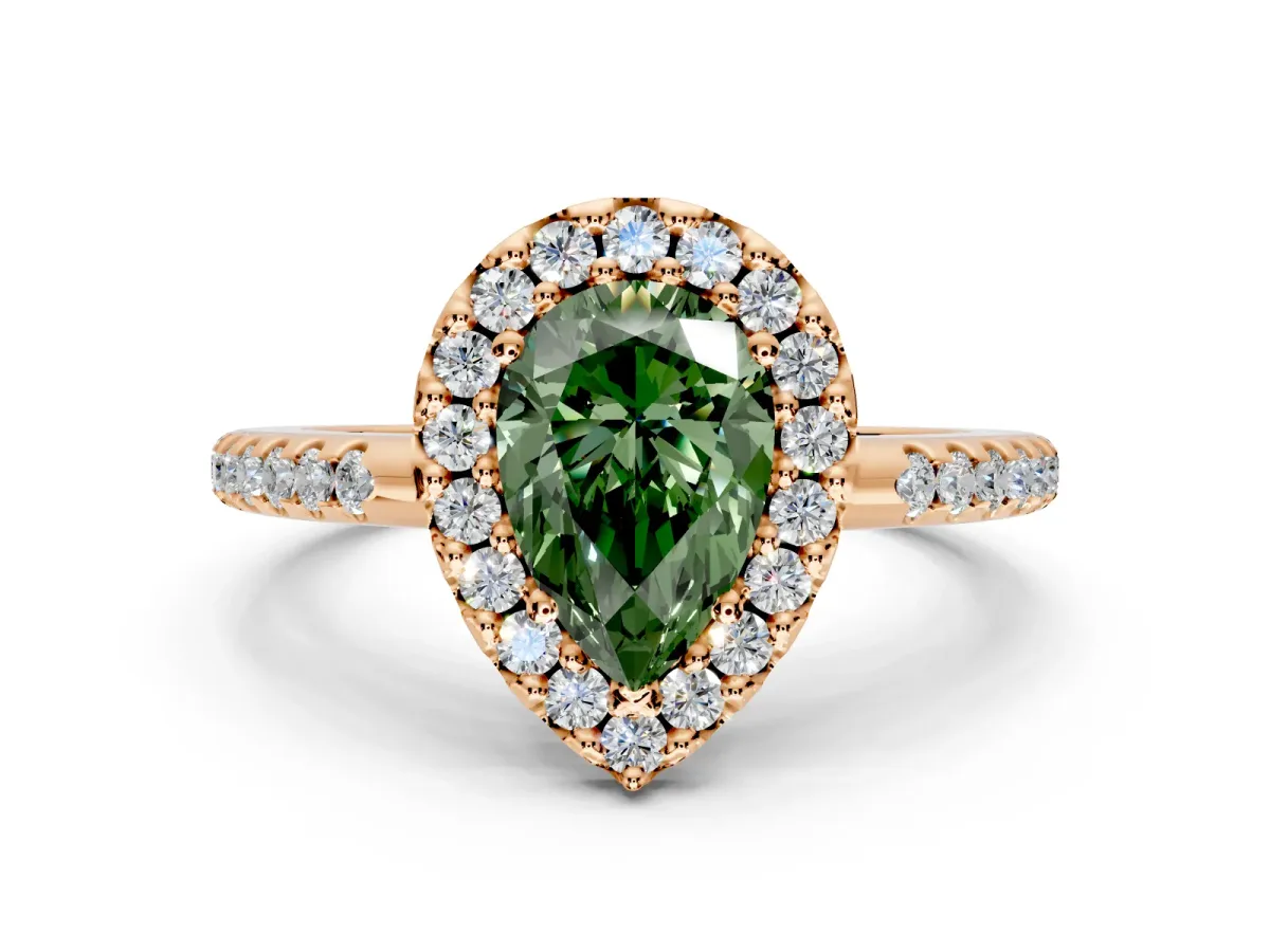 Pave Halo Engagement Ring Setting for Fancy Green Pear-Shaped Center with Single Row Pave Band and Prong Head in Rose Gold