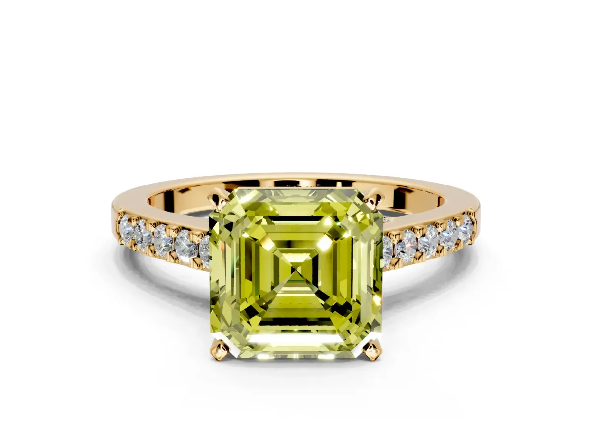 Solitaire Engagement Ring Setting for Fancy Yellow Asscher Cut Center with Crossover Accents and Prong Head in Yellow Gold