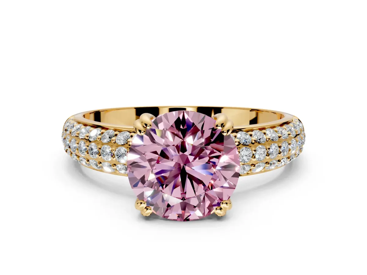 Solitaire Engagement Ring Setting for Fancy Pink Round Cut Center with Multi-Row Pave Accents and Basket Head in Yellow Gold