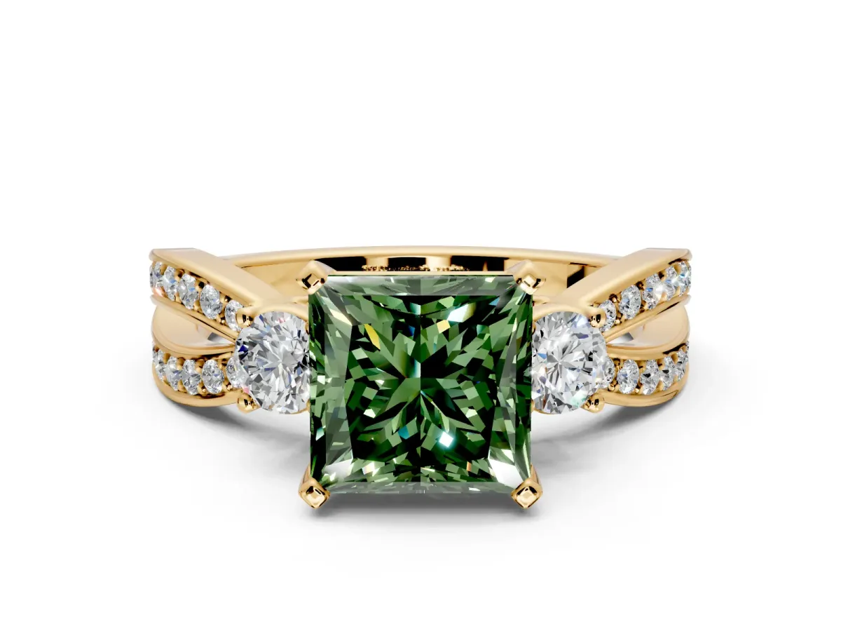 3 Stone Engagement Ring Setting for Fancy Green Princess Cut Center with Pave Twist Band and Prong Head in Yellow Gold