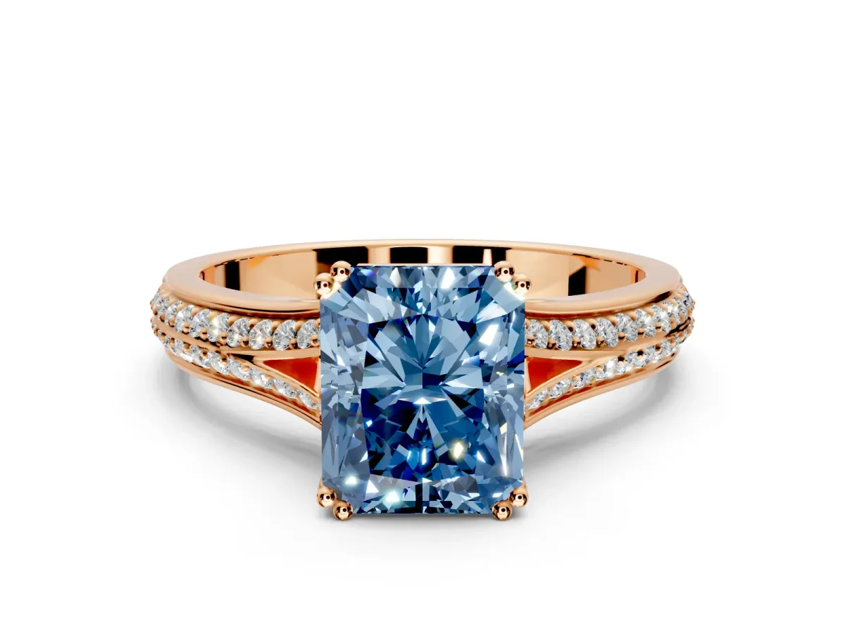 Solitaire Engagement Ring Setting for Fancy Blue Radiant Cut Center with Pave Rail Split Shank and Prong Head in Rose Gold