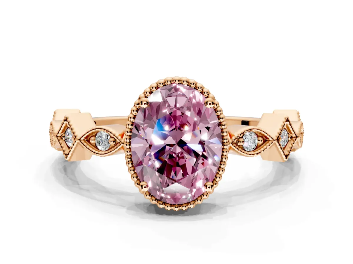 Milgrain Bezel Engagement Ring Setting for Fancy Pink Oval Center with Marquise Stations and Bezel Head in Rose Gold
