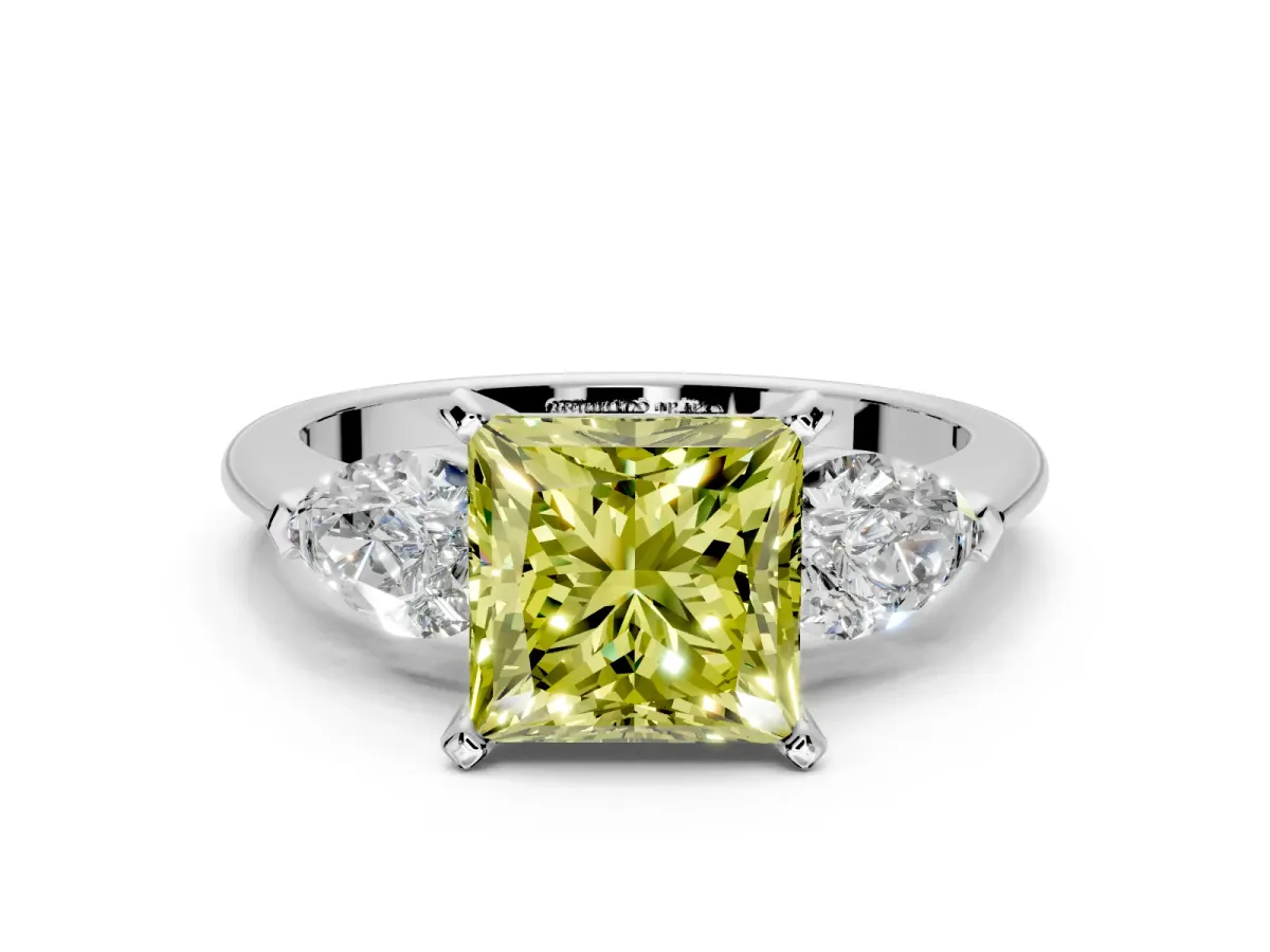 3 Stone Engagement Ring Setting for Fancy Yellow Princess Cut Center with Large Pear-Shaped Accents and Prong Head in White Gold