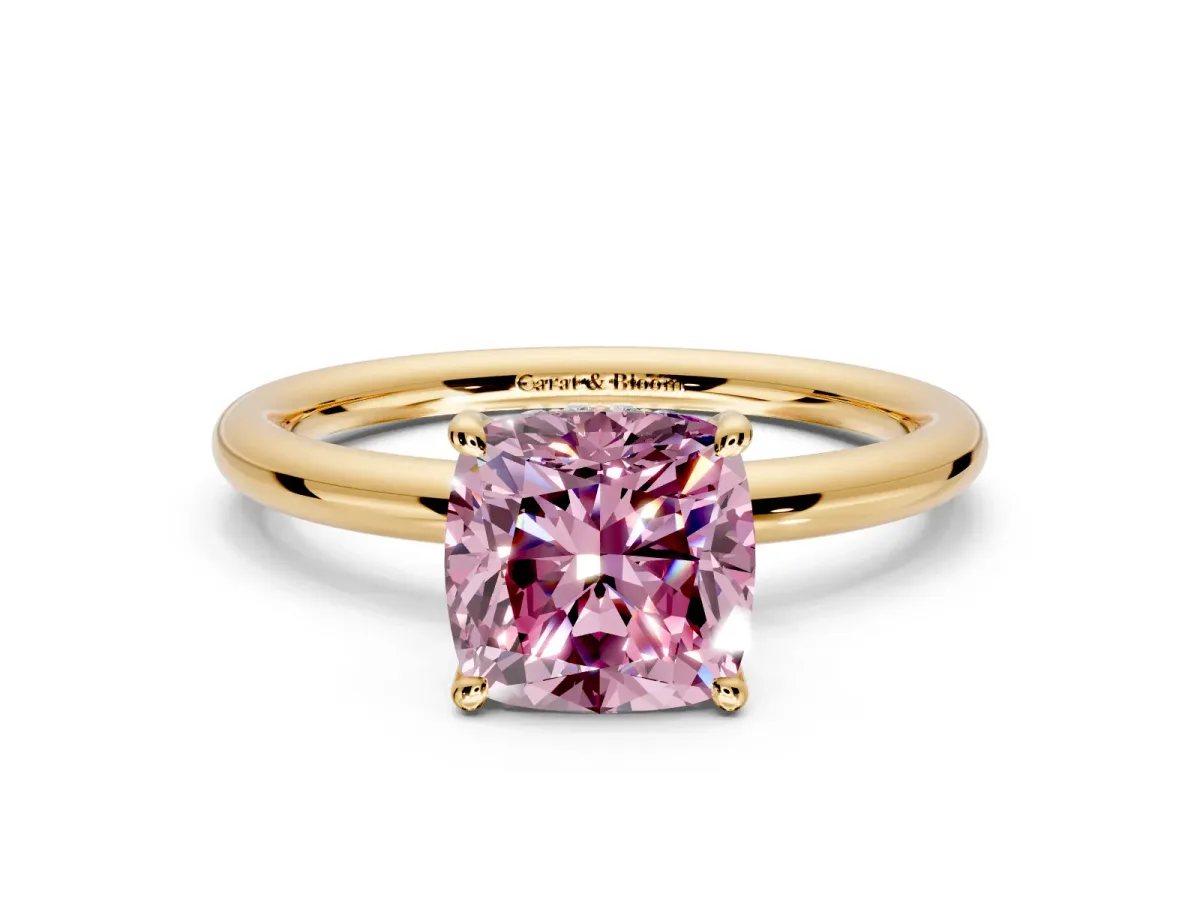 Hidden Halo Engagement Ring Setting for Fancy Pink Cushion Cut Center with Thin Rounded Band and Prong Head in Yellow Gold