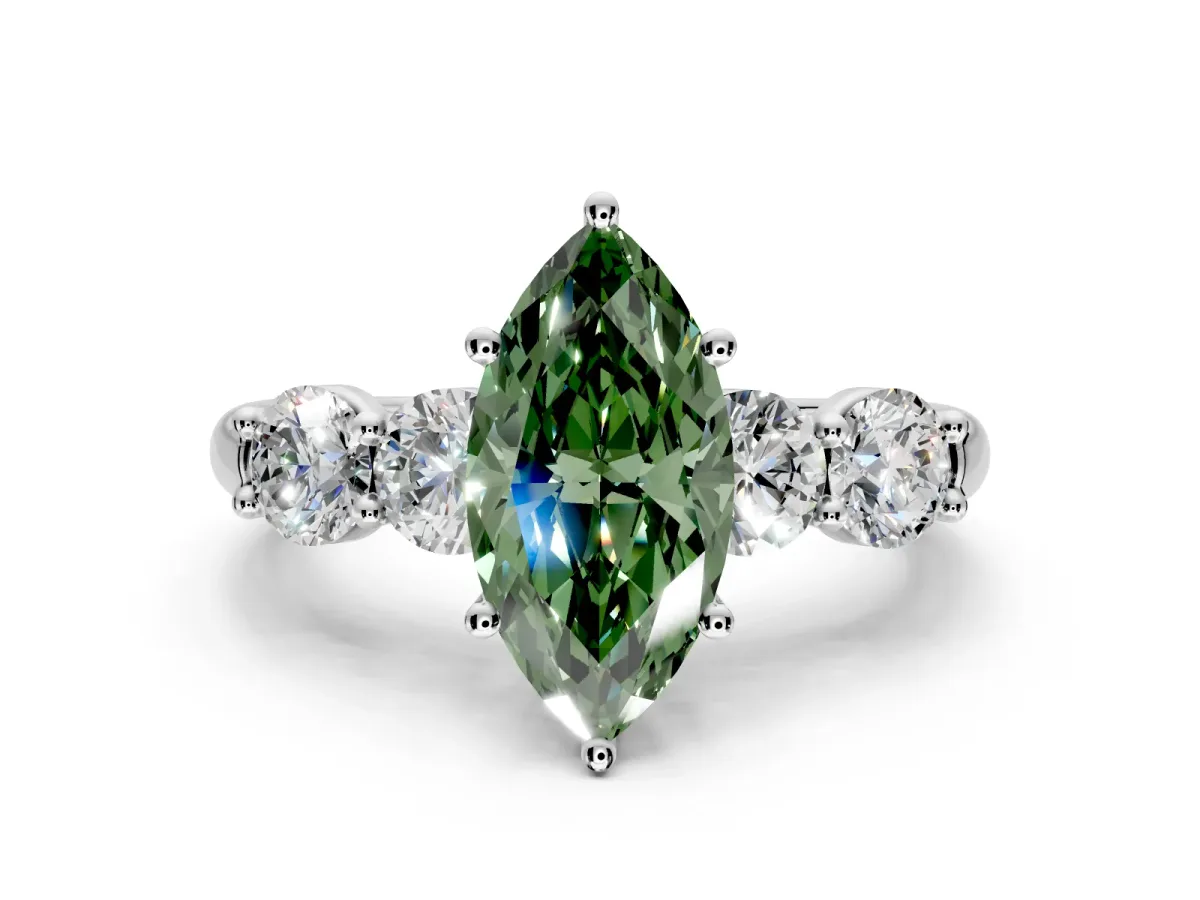 5 Stone Engagement Ring Setting for Fancy Green Marquise Center with Graduated Accents and Prong Head in Sterling Silver
