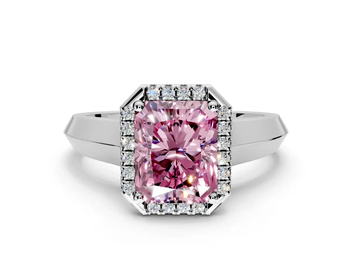 Halo Engagement Ring Setting for Fancy Pink Radiant Cut Center with Knife Ridge Cathedral Band and Prong Head in Platinum