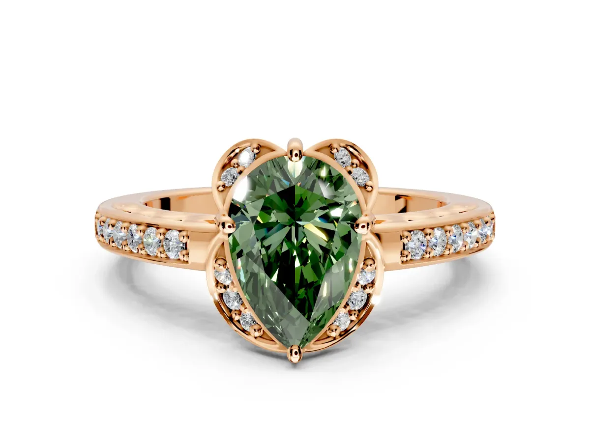 Floral Engagement Ring Setting for Fancy Green Pear-Shaped Center with Four Accent Clusters and Prong Head in Rose Gold