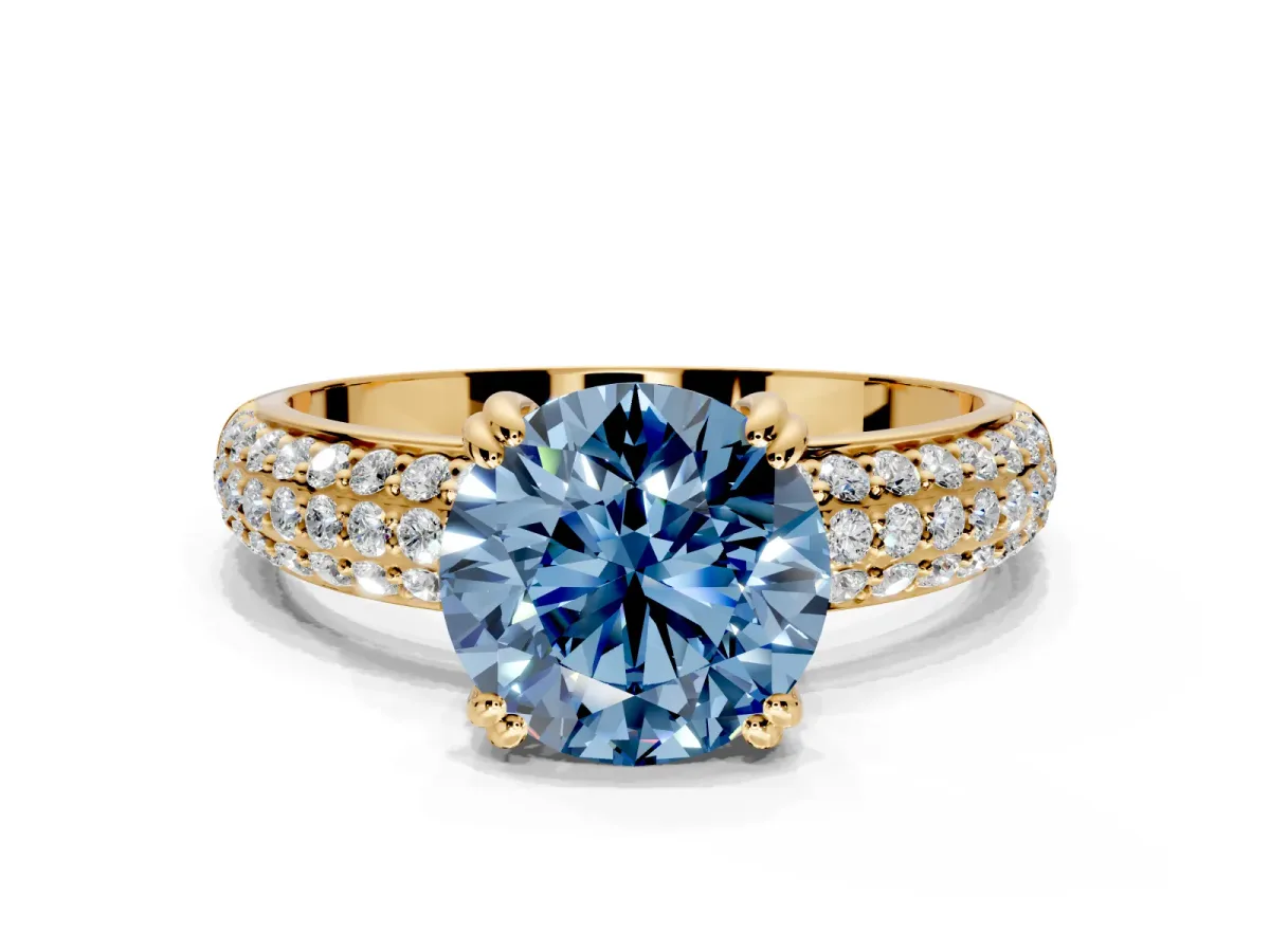 Solitaire Engagement Ring Setting for Fancy Blue Round Cut Center with Multi-Row Pave Accents and Basket Head in Yellow Gold