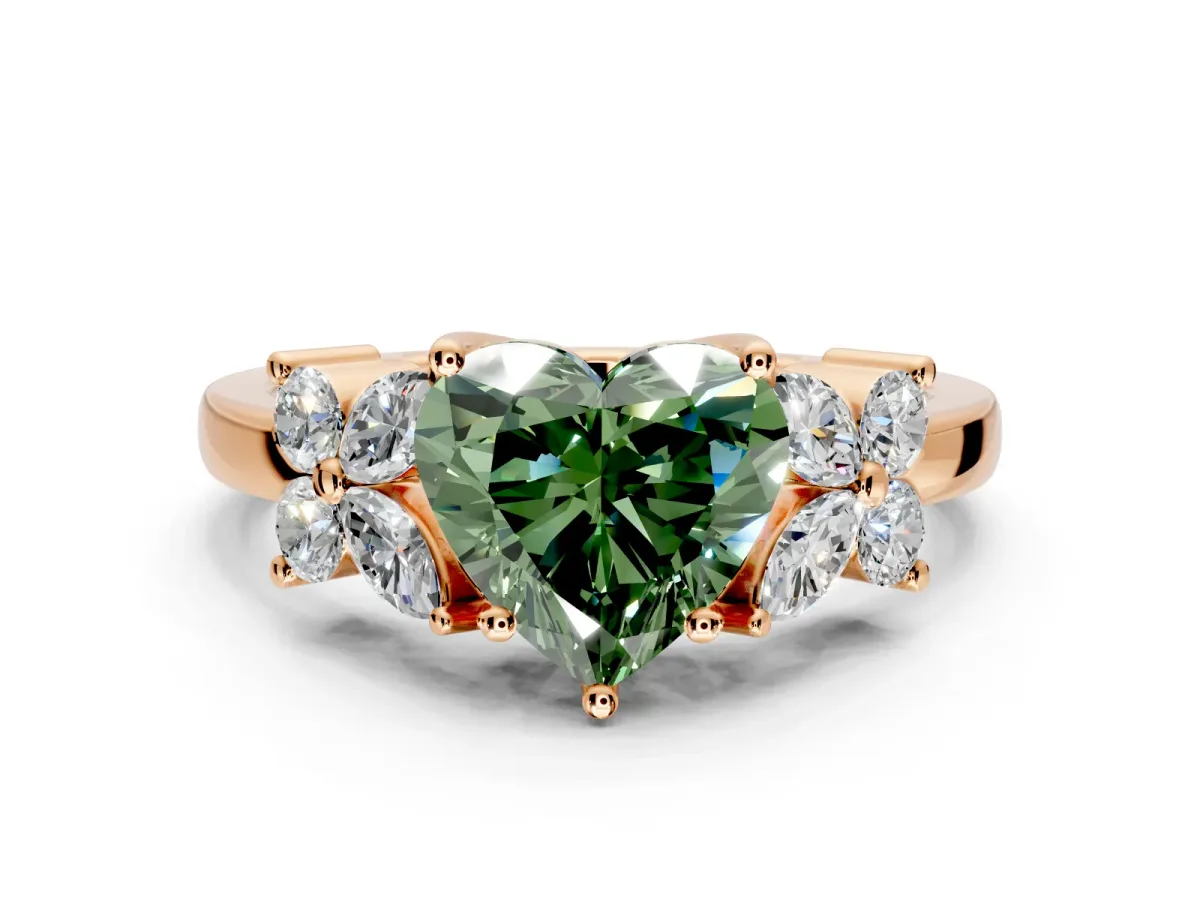 Floral Engagement Ring Setting for Fancy Green Heart-Shaped Center with Marquise Cluster Shoulders and Prong Head in Rose Gold