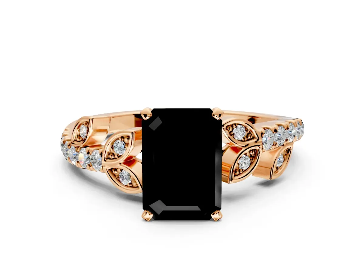 Leaf Motif Engagement Ring Setting for Fancy Black Emerald Cut Center with Pave Band and Prong Head in Rose Gold