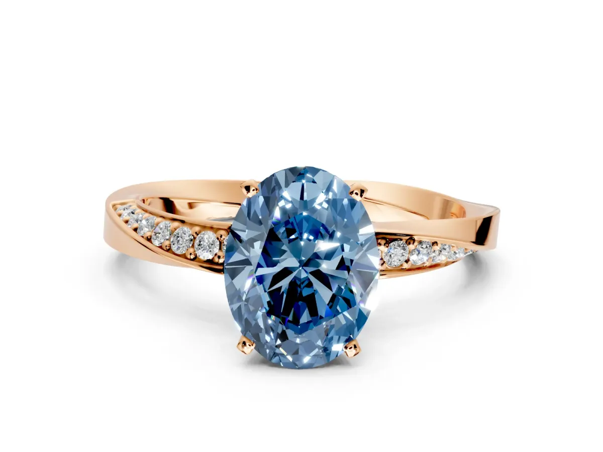Side Accent Engagement Ring Setting for Fancy Blue Oval Center with Accent Shoulders and Prong Head in Rose Gold