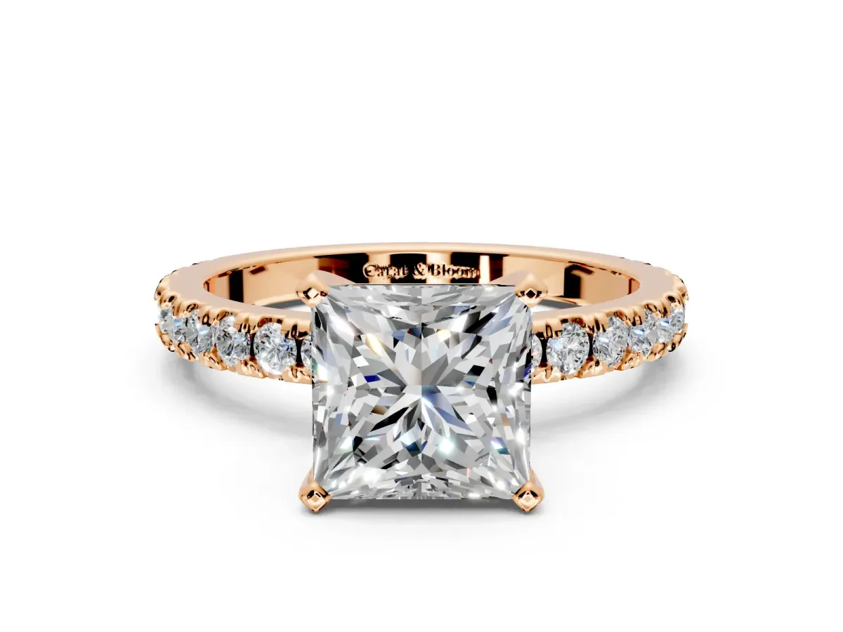 Solitaire Engagement Ring Setting for Princess Cut Center with Fine Pave Band and Claw Prong Head in Rose Gold