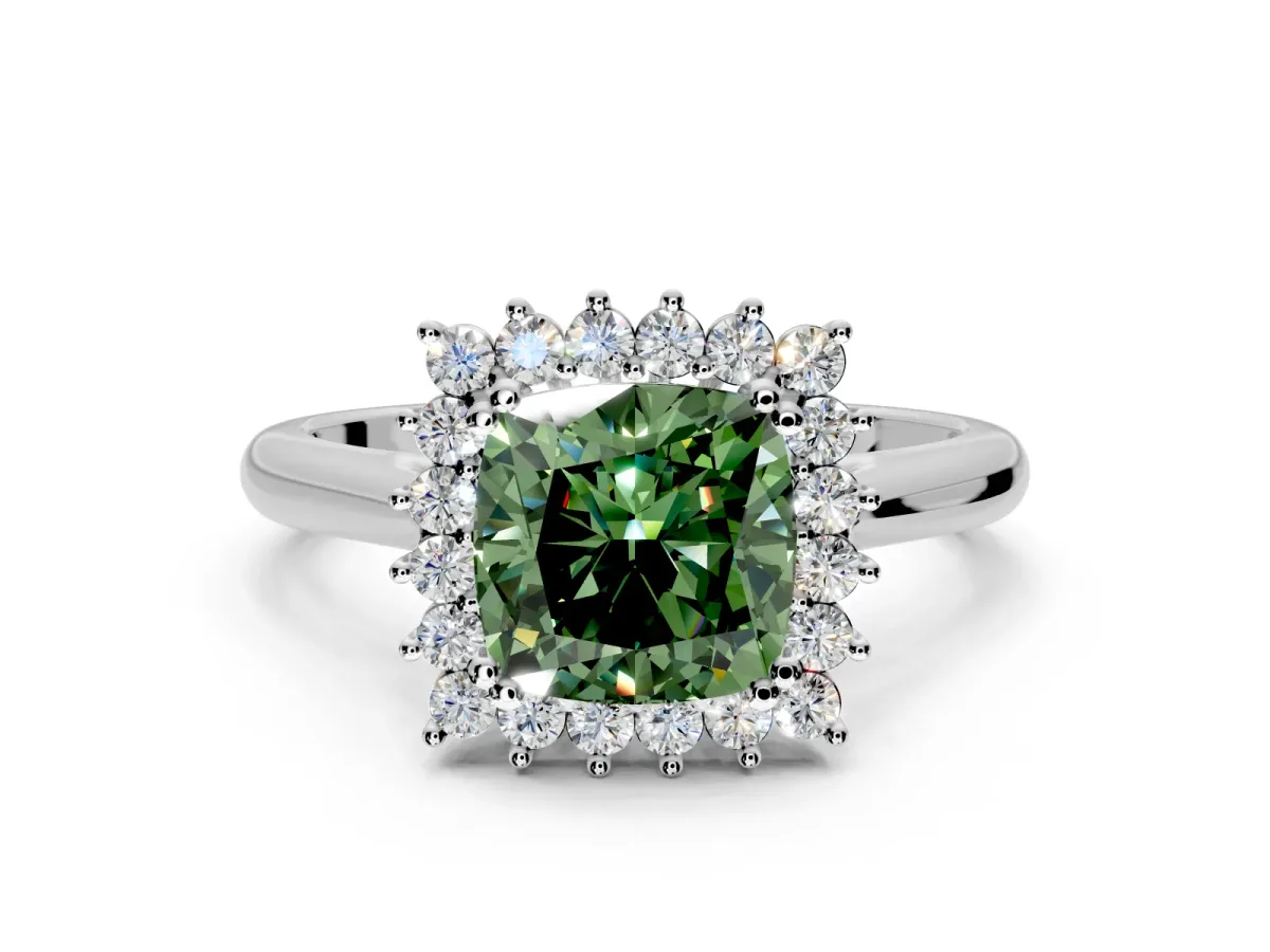 Starburst Halo Engagement Ring Setting for Fancy Green Cushion Cut Center with Thin Round-Wire Band and Prong Head in Sterling Silver