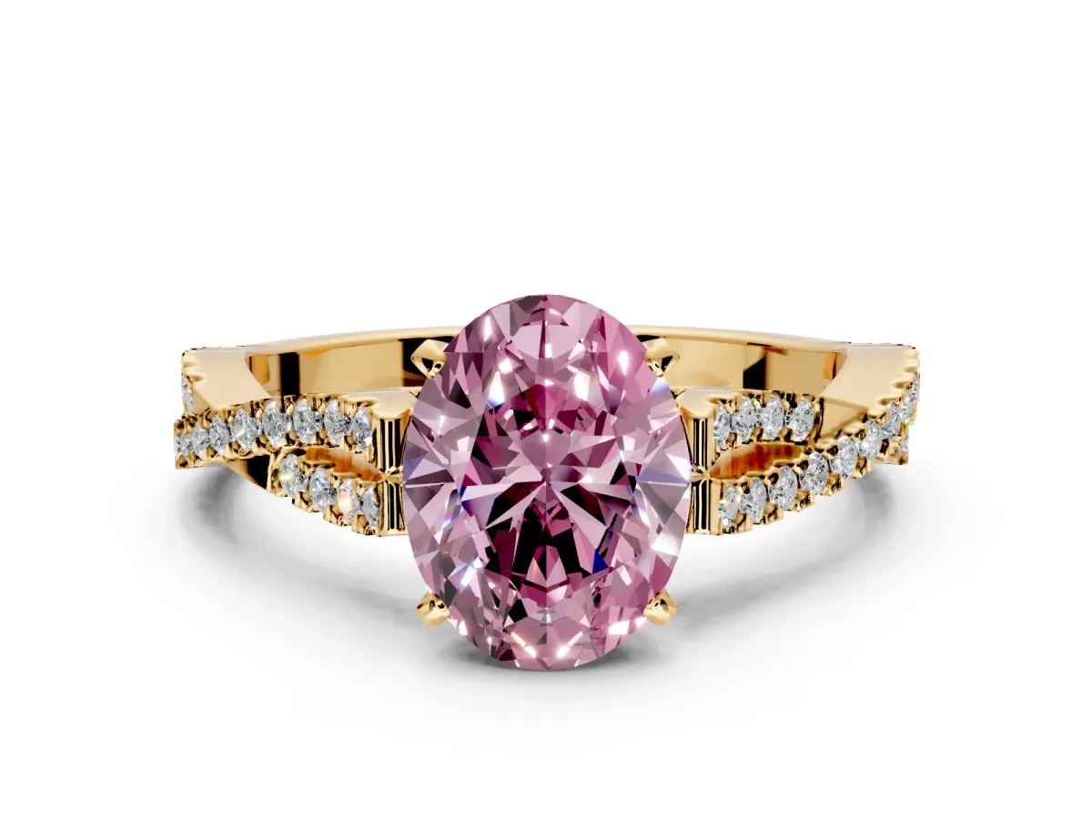 Solitaire Engagement Ring Setting for Fancy Pink Oval Center with Twisted Pave Split Shank and Prong Head in Yellow Gold