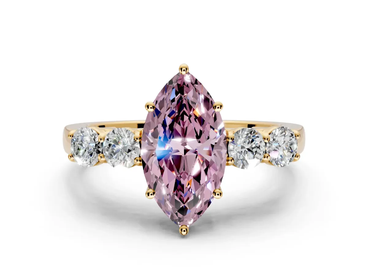 5 Stone Engagement Ring Setting for Fancy Pink Marquise Center with Equal Close-Set Accents and Prong Head in Yellow Gold