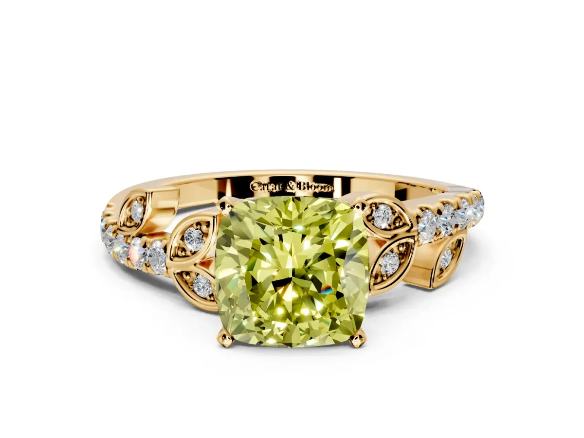 Leaf Motif Engagement Ring Setting for Fancy Yellow Cushion Cut Center with Pave Band and Prong Head in Yellow Gold
