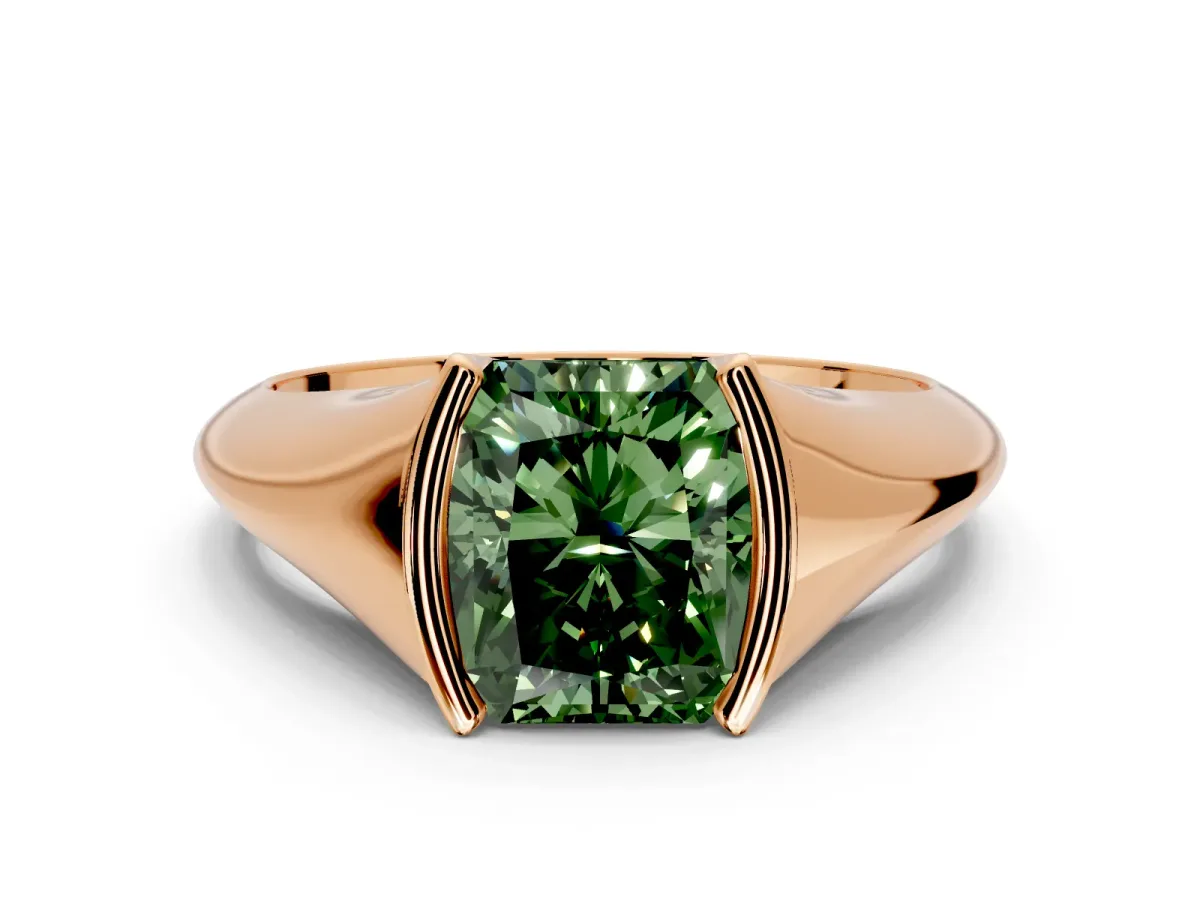 Tension Engagement Ring Setting for Fancy Green Radiant Cut Center with Wide Tapered Band and Tension Head in Rose Gold