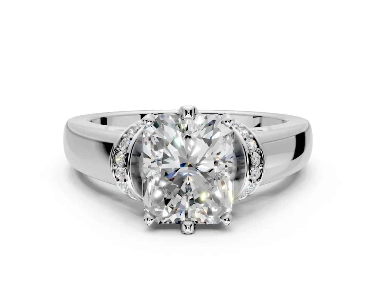 Solitaire Engagement Ring Setting for Radiant Cut Center with Wide Band, Pave Collar and Prong Head in Platinum