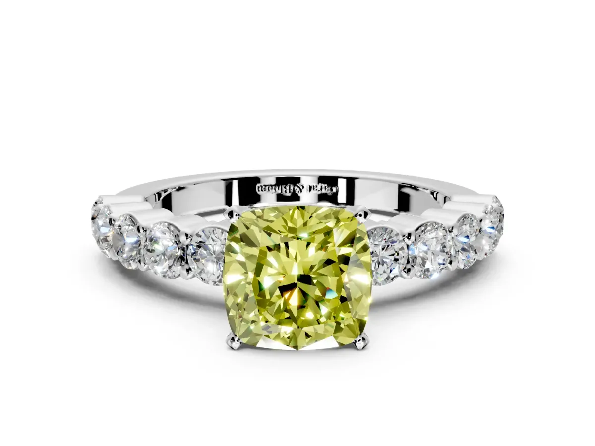 Shared-Prong Engagement Ring Setting for Fancy Yellow Cushion Cut Center with Graduated Accents and Prong Head in Sterling Silver