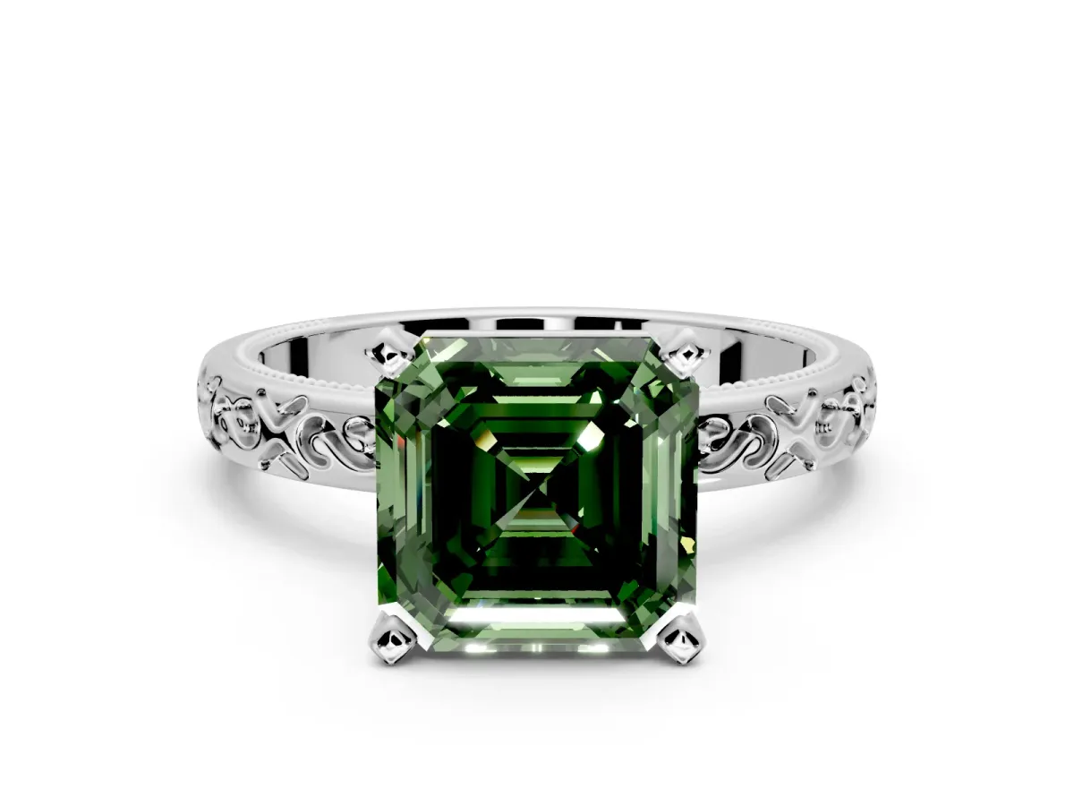 Solitaire Engagement Ring Setting for Fancy Green Asscher Cut Center with Scrollwork Band and Prong Head in Sterling Silver