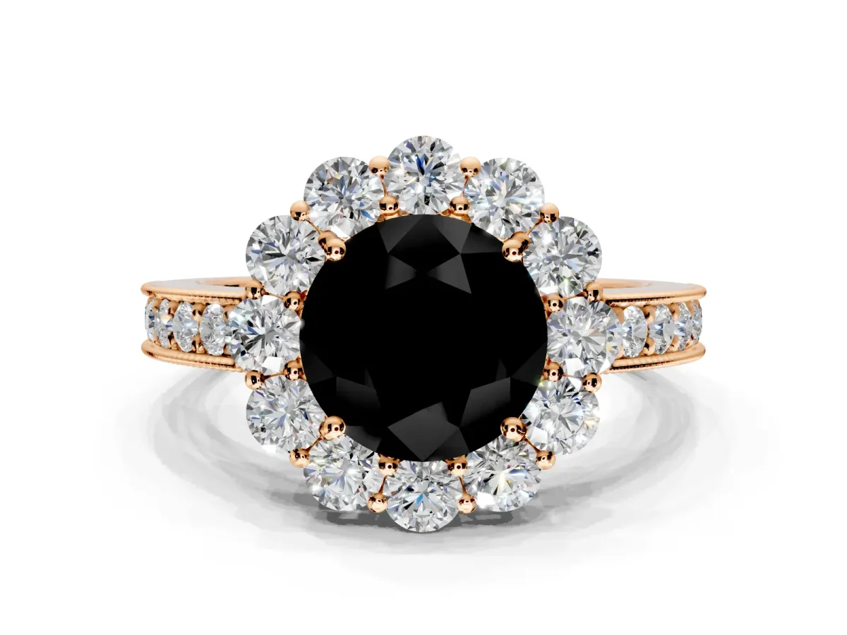 Halo Engagement Ring Setting for Fancy Black Round Cut Center with Milgrain Channel Band and Prong Head in Rose Gold
