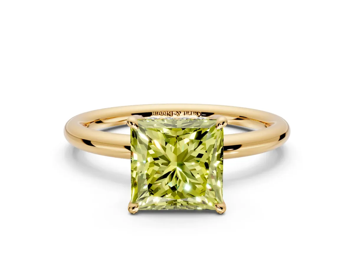Hidden Halo Engagement Ring Setting for Fancy Yellow Princess Cut Center with Thin Rounded Band and Prong Head in Yellow Gold