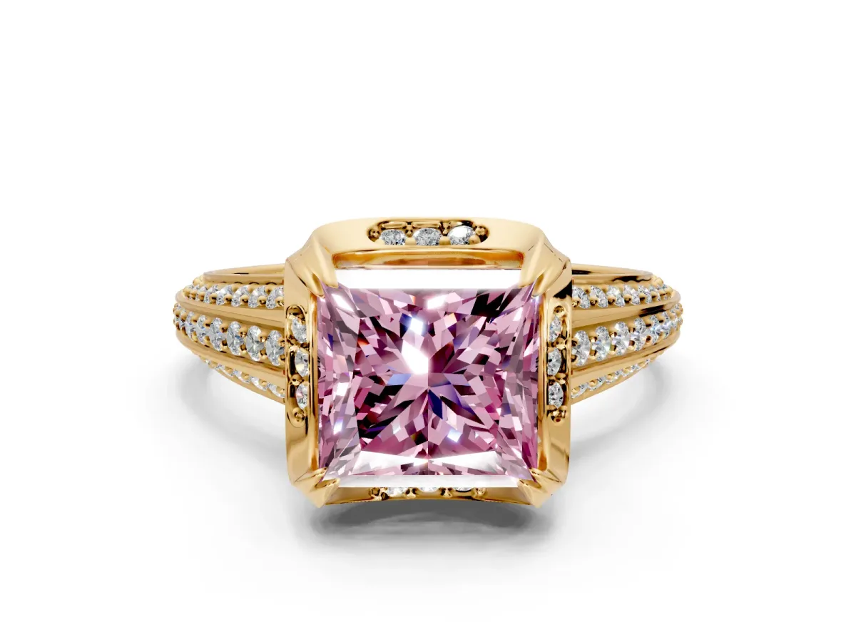 Solitaire Engagement Ring Setting for Fancy Pink Princess Cut Center with Accented Split Shank and Prong Head in Yellow Gold