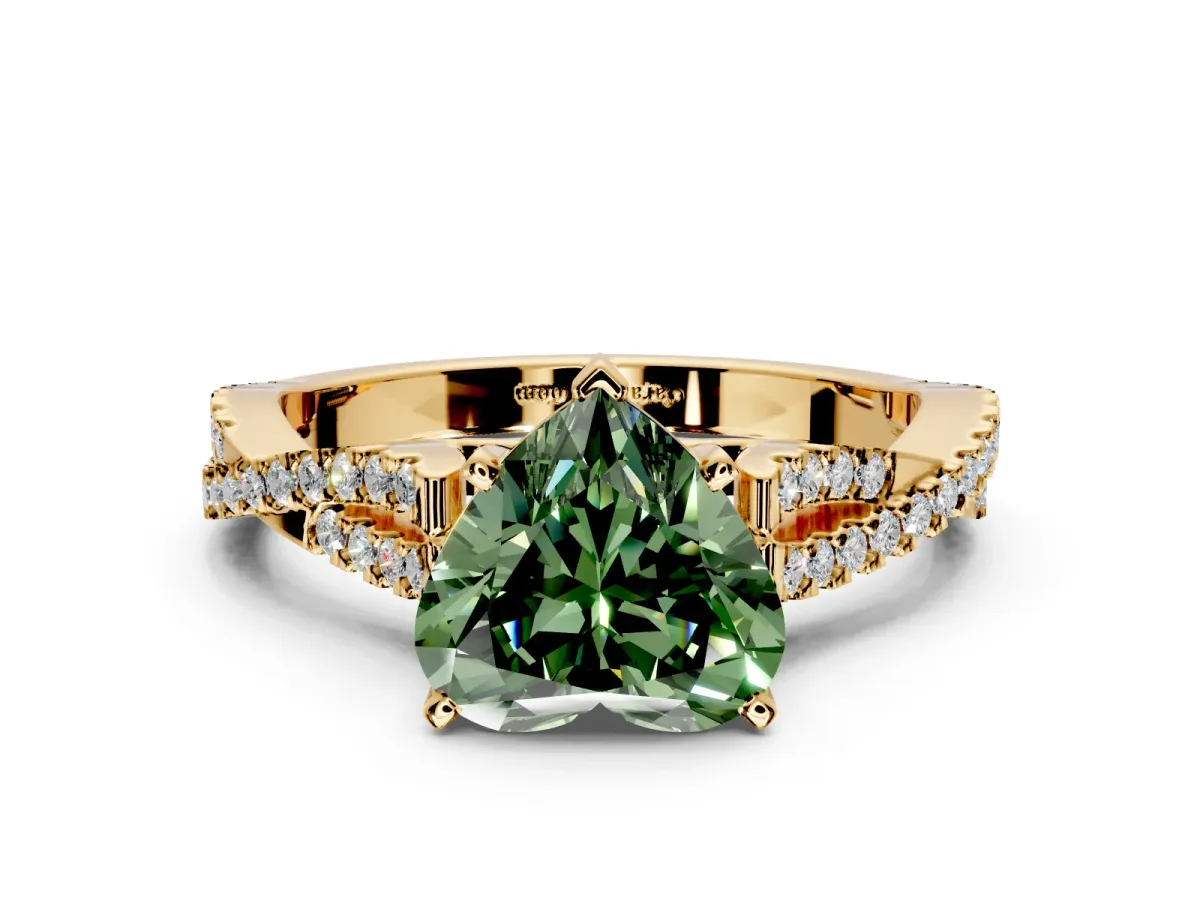 Solitaire Engagement Ring Setting for Fancy Green Heart-Shaped Center with Twisted Pave Split Shank and Prong Head in Yellow Gold