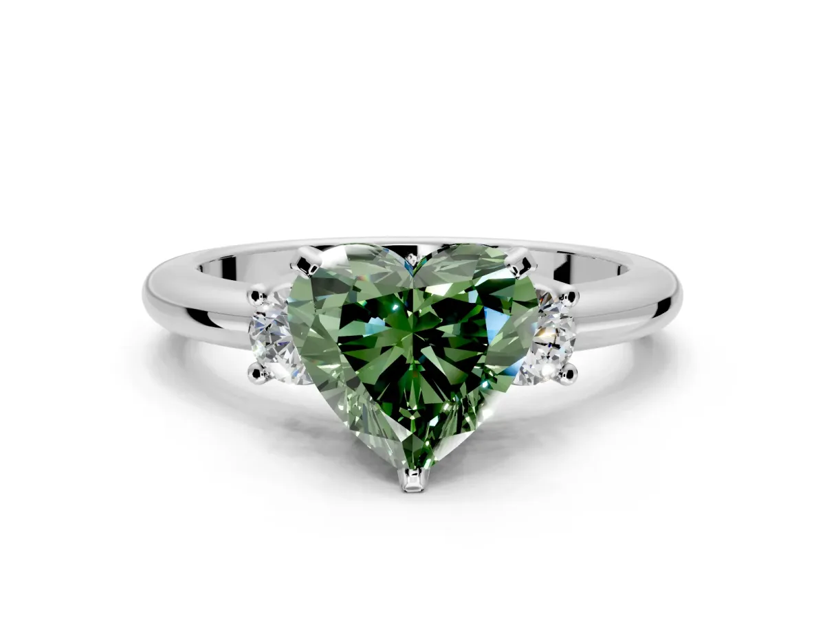 3 Stone Engagement Ring Setting for Fancy Green Heart-Shaped Center with Wide Plain Band and Prong Head in Sterling Silver