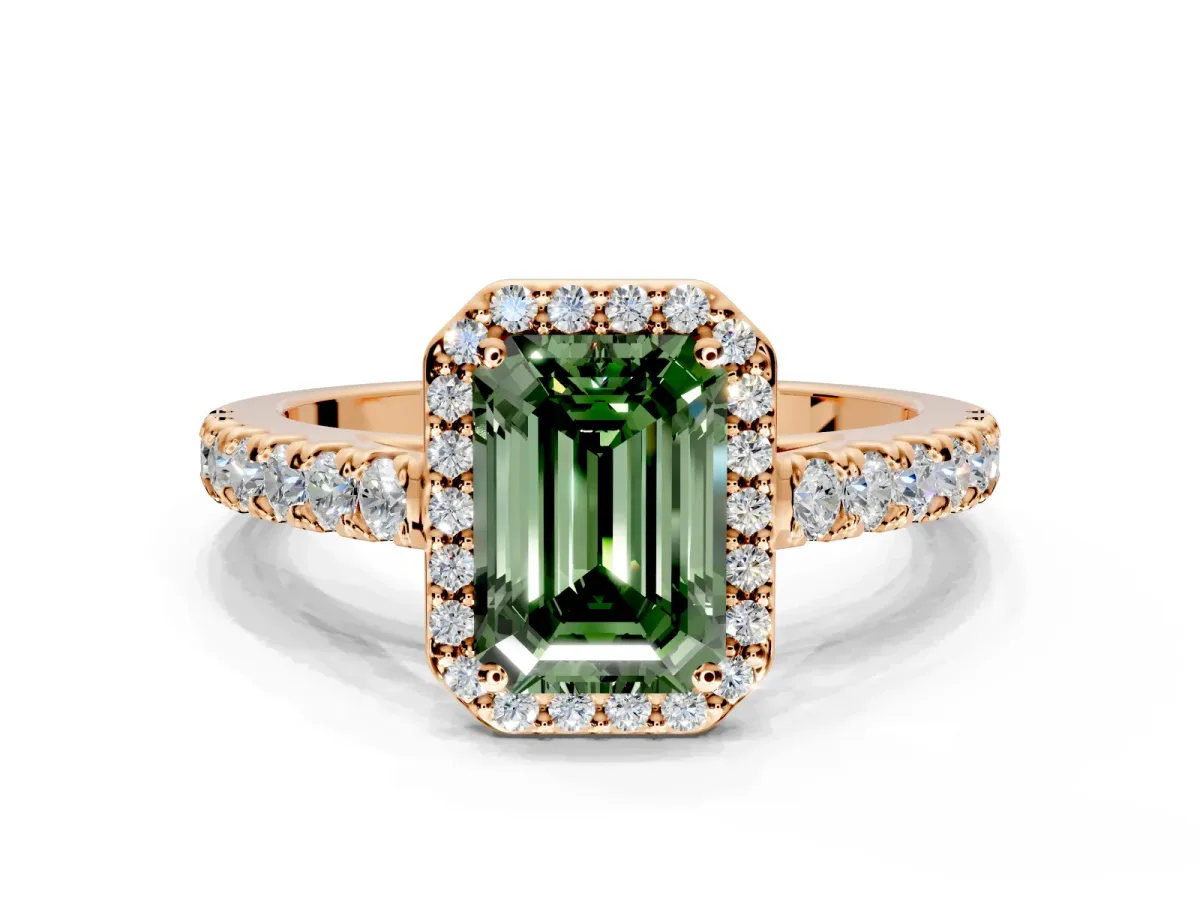 Halo Engagement Ring Setting for Fancy Green Emerald Cut Center with Full Pave Band and Prong Head in Rose Gold