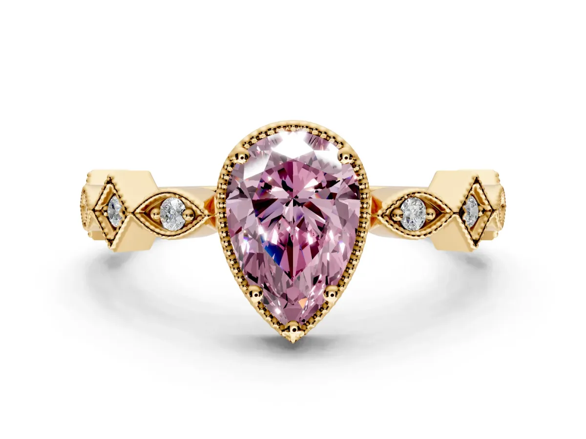 Milgrain Bezel Engagement Ring Setting for Fancy Pink Pear-Shaped Center with Marquise Stations and Bezel Head in Yellow Gold