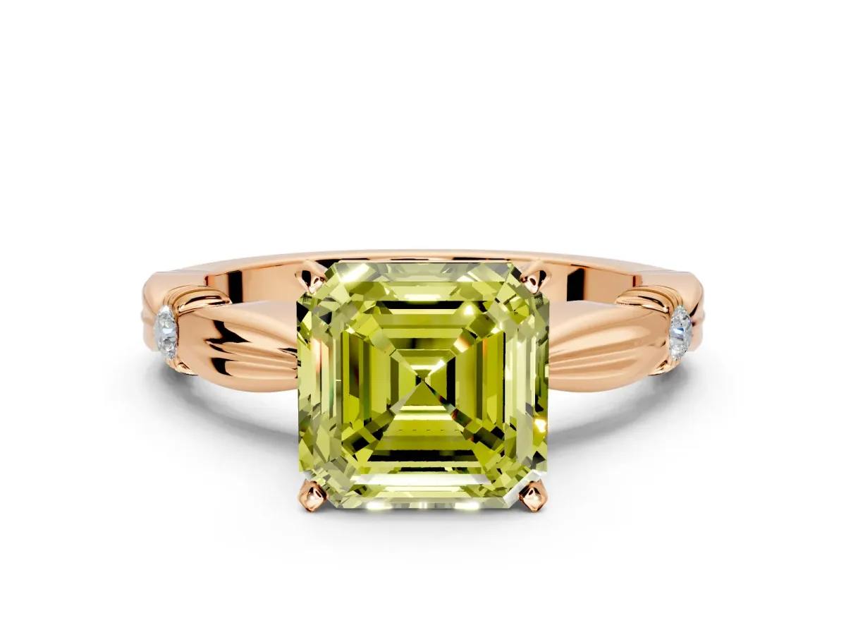 Solitaire Engagement Ring Setting for Fancy Yellow Asscher Cut Center with Carved Leaf Shoulders and Prong Head in Rose Gold