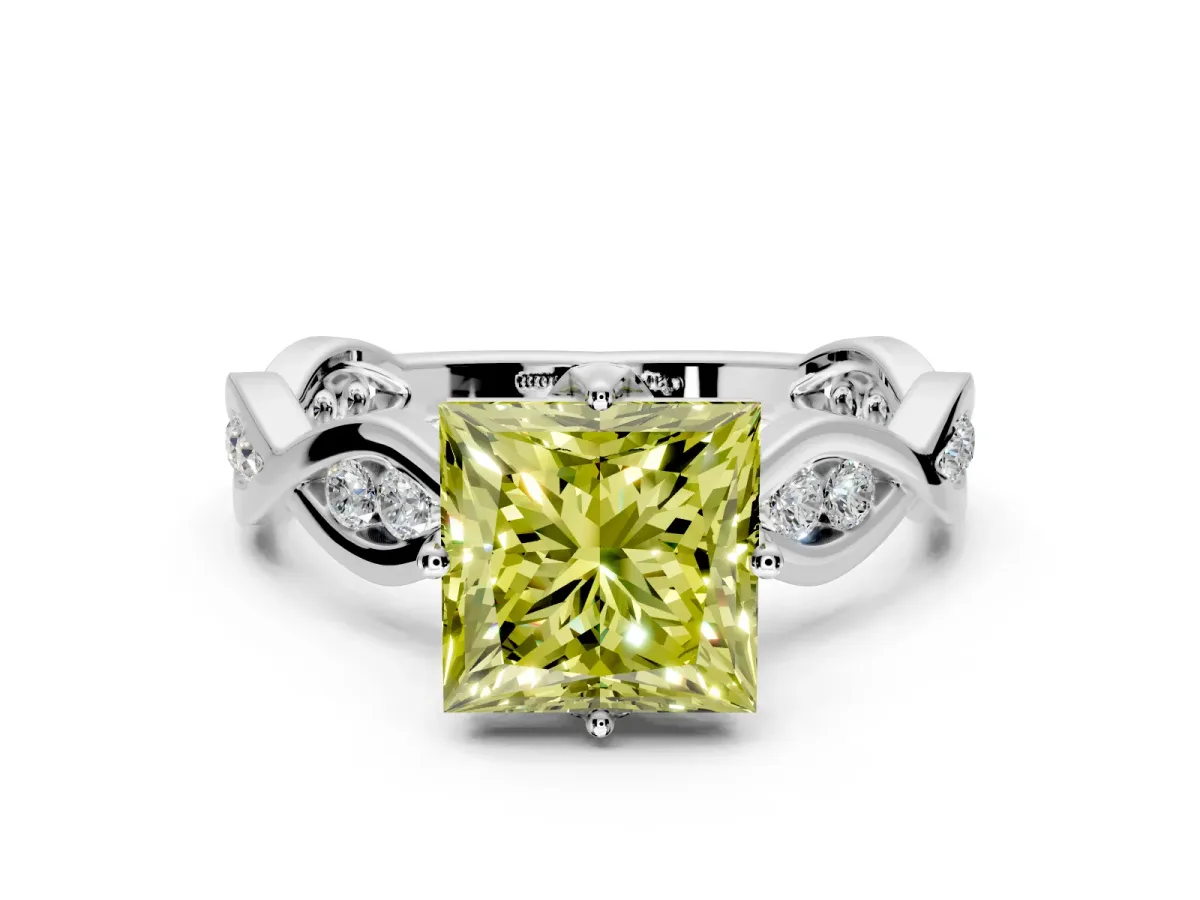 Solitaire Engagement Ring Setting for Fancy Yellow Princess Cut Center with Accented Twist Band and Leaf Prong Head in Platinum