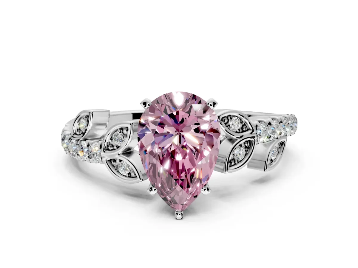 Leaf Motif Engagement Ring Setting for Fancy Pink Pear-Shaped Center with Pave Band and Prong Head in Platinum
