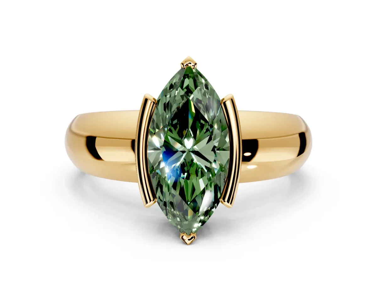 Tension Engagement Ring Setting for Fancy Green Marquise Center with Wide Flat Band and Tension Head in Yellow Gold