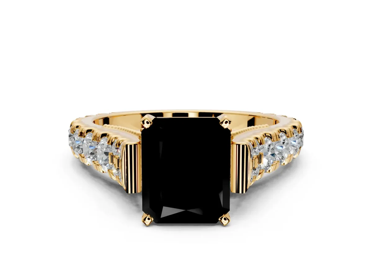 Solitaire Engagement Ring Setting for Fancy Black Radiant Cut Center with Pave Cathedral Shoulders and Prong Head in Yellow Gold