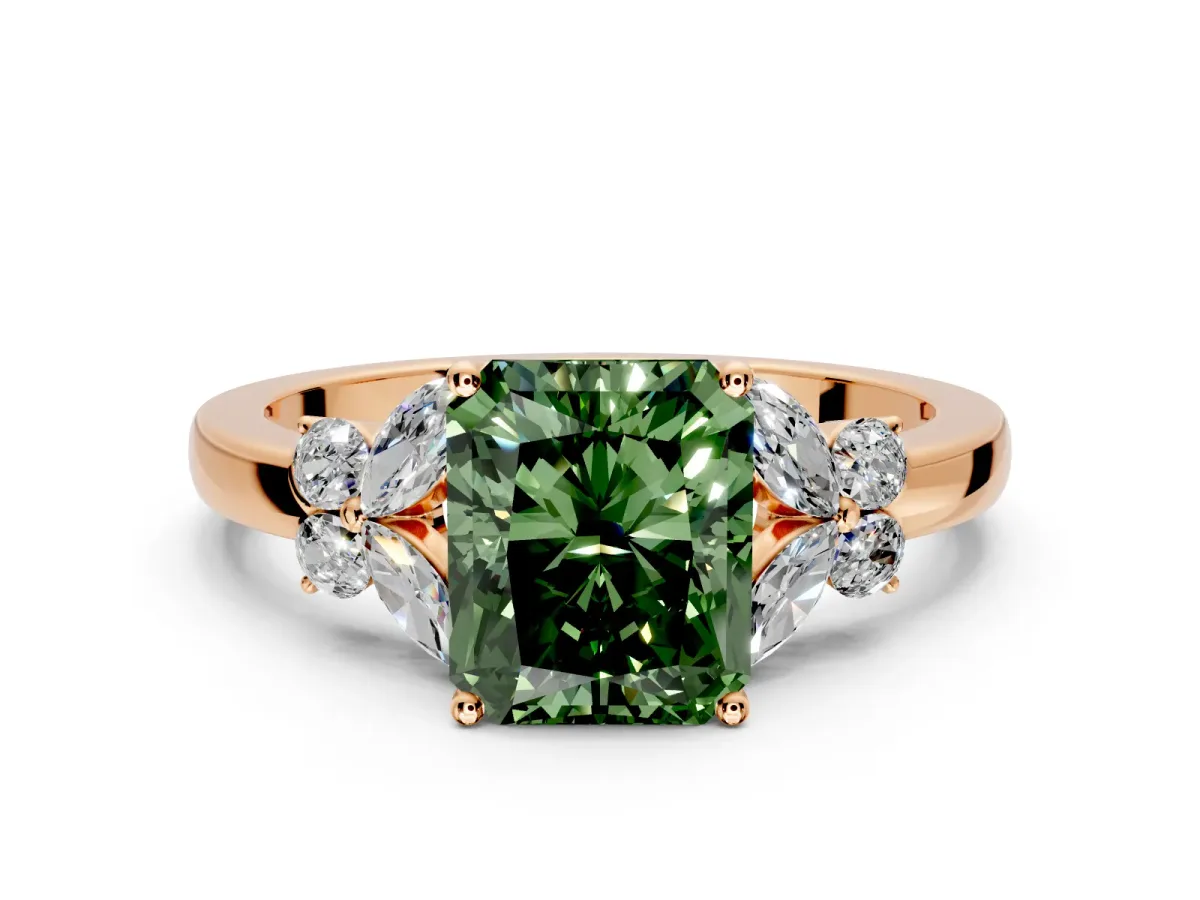 Solitaire Engagement Ring Setting for Fancy Green Radiant Cut Center with Marquise Flower Shoulders and Prong Head in Rose Gold